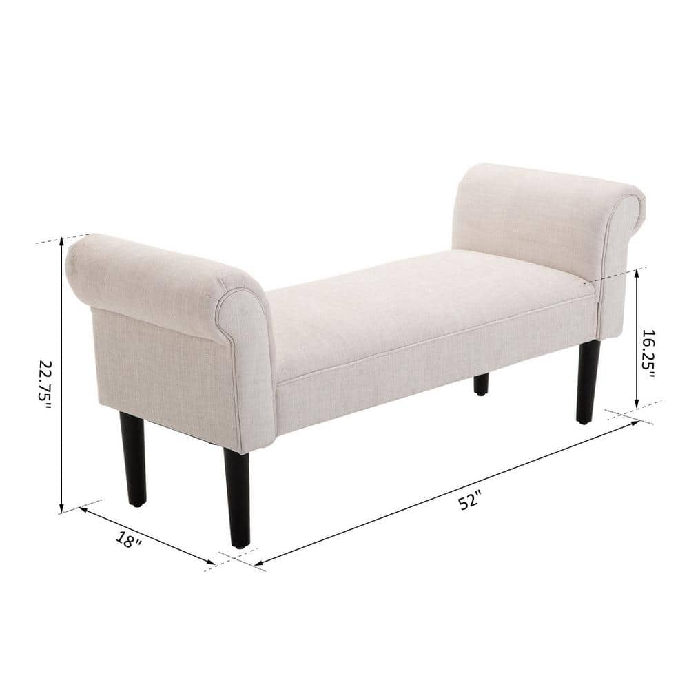 Cream White Linen Upholstered Ottoman Bench with Armrests