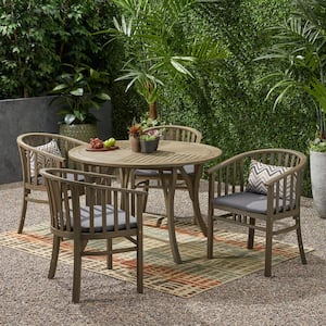 Alondra 30 in. Grey 5-Piece Wood Round Outdoor Dining Set with Dark Grey Cushions