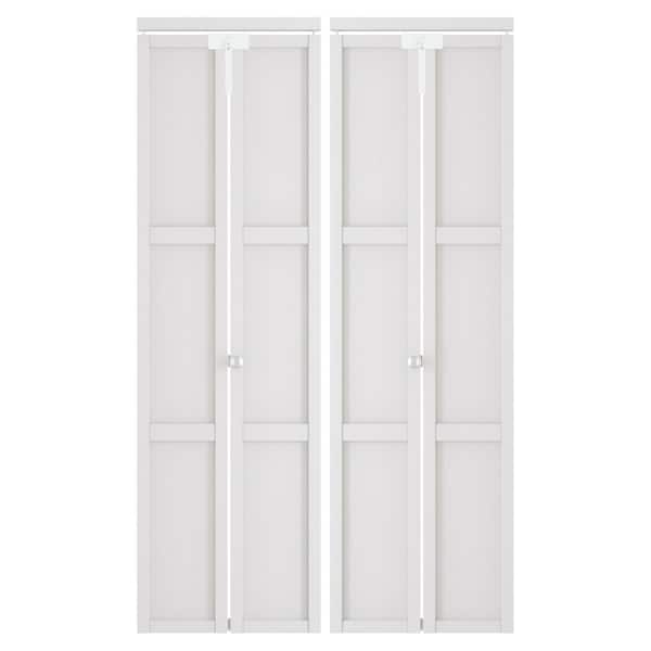 48 in. x 80 in. 3-lite Panel Solid Core White PVC Covering Wood MDF. Bi-fold Door with Locks, Handles and Hardware Kits