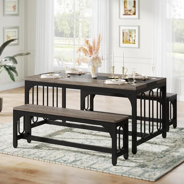Halseey 3-Piece Gray 31 in. Tall Wood Dining Table Set with Bench Seats-4 for Home Dining Room