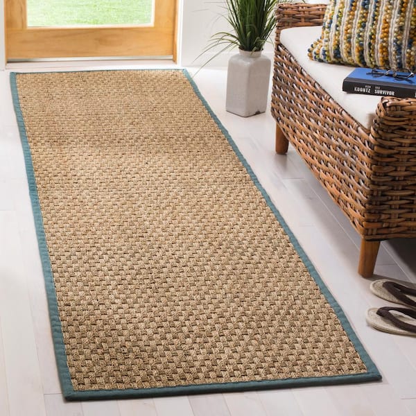 Natural Fiber 3 ft. x 16 ft. Natural/Light Blue Border Woven Runner Rug
