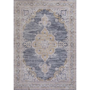 Wincer Chenille Cottage Medallion Machine-Washable Dark Gray/Yellow 4 ft. x 6 ft. Area Rug