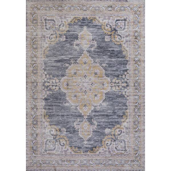 Jonathan Y Dark Gray/Yellow 8 ft. x 10 ft. Wincer Chenille Cottage Medallion Machine-Washable Area Rug