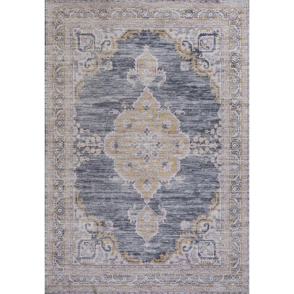 Wincer Chenille Cottage Medallion Machine-Washable Dark Gray/Yellow 5 ft. x 8 ft. Area Rug