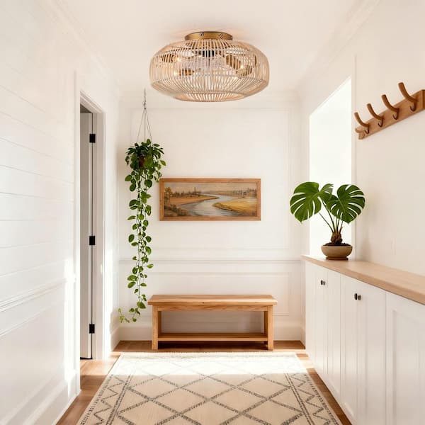 19.7 in. Indoor Gold Woven Rattan Flush Mount Caged Ceiling Fan with Light Kit and Remote Control