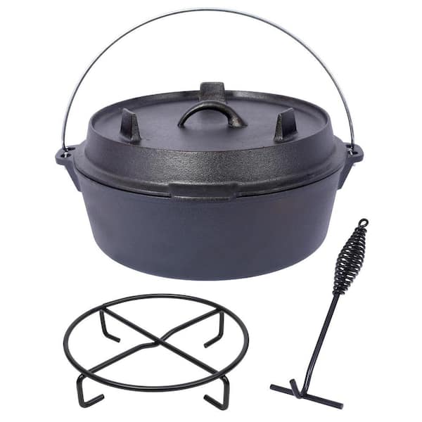 4.5 qt. Pre-Seasoned Cast Iron Dutch Oven, Round Camping Deep Pot with Lid and Pot Rack for Outdoor Cooking BBQ, Black