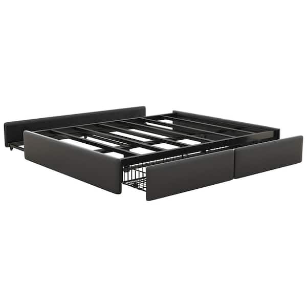 Harper & Bright Designs Black Metal Frame Queen Size PU Leather Upholstered Platform Bed with 2-Drawer, Twin XL Size Trundle