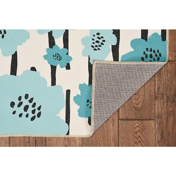 Washable Yanny Ivory/Blue 2 ft. x 8 ft.