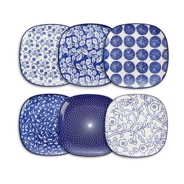 Porcelain Square 7.6 in Plates Set of 6 Vintage Blue for Microwave Oven Dishwasher Salad & Dessert Plates
