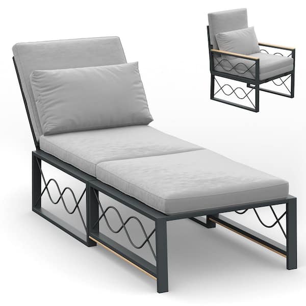 Outdoor Metal Chaise Lounge Chair with Grey Cushions, Adjustable 5-Position Sun Recliner (1 Pack)
