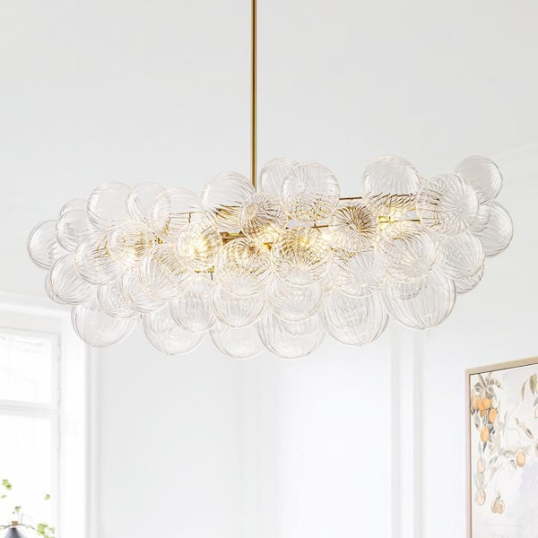 Seraphina 46.1 in. 8-Light Modern Brushed Gold Cluster Layered Chandelier with Ribbed Clear Glass Globes Shade