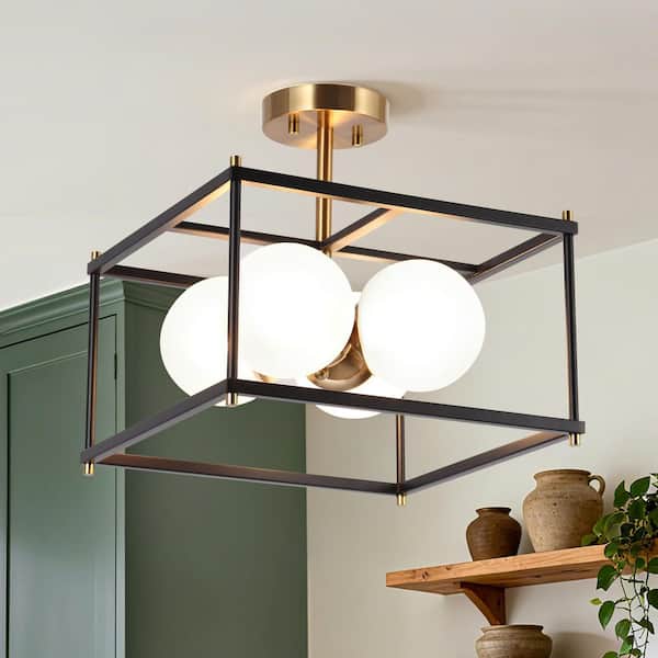 Modern 13.5 in. W 4-light Black Brass Semi-flush Mount Light with Frosted Glass, Square Ceiling Lamp for Bedroom, Foyer