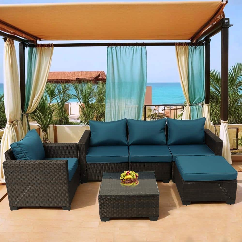 6-Piece Brown Wicker Outdoor Sectional Sofa Set with Peacock Blue Cushion