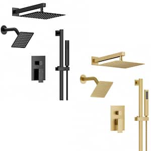 3-Spray Square 10 in. and 6 in. Dual Shower Head Wall Bar Shower Kit with Valve in Matte Black and Brushed Gold (2-Pack)