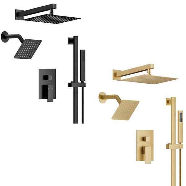 3-Spray Square 10 in. and 6 in. Dual Shower Head Wall Bar Shower Kit with Valve in Matte Black and Brushed Gold