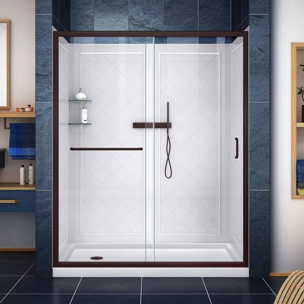 DreamLine Infinity-Z 30 in. L x 60 in. W x 76 3/4 in. H Alcove Left Shower Kit with Shower Wall and Shower Pan in Bronze/White