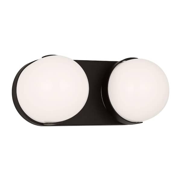 Generation Lighting Syrie Medium 11.875 in. 2-Light Aged Iron Integrated LED Bathroom Vanity Light with Milk Glass Shades