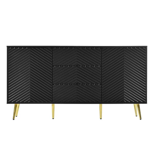 Unbranded 59 in. W x 15.7 in. D x 31.5 in. H Black Linen Cabinet with Geometric Line Design, Conical Metal Legs, Central Drawers