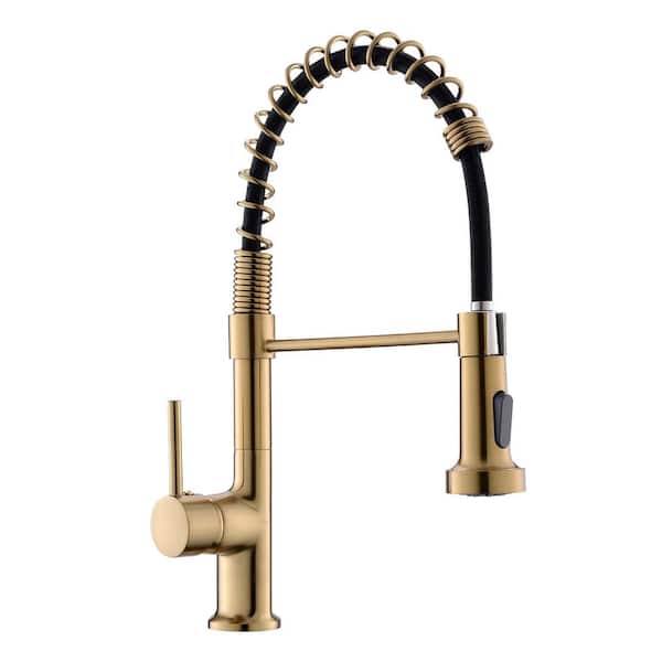 Fapully Stainless Steel Faucet Single-Handle Faucet Pull-Down Sprayer Kitchen Faucet in Brushed Gold