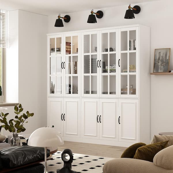 White Wooden Accent Storage Cabinet, Bookcase, Sideboard with 15-Tier Shelves & Tempered Glass Doors