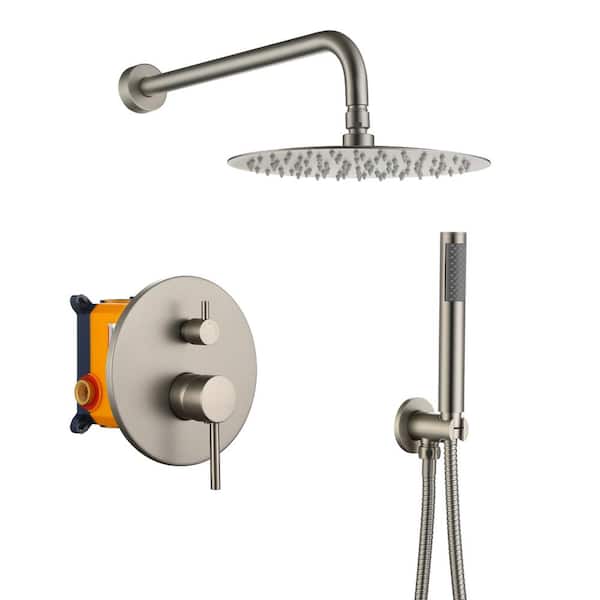 Boyel Living 1-Spray 10 in. Round Wall Mount Fixed and Handheld Shower Head 1.8 GPM with Pressure Balance Valve in Brushed Nickel