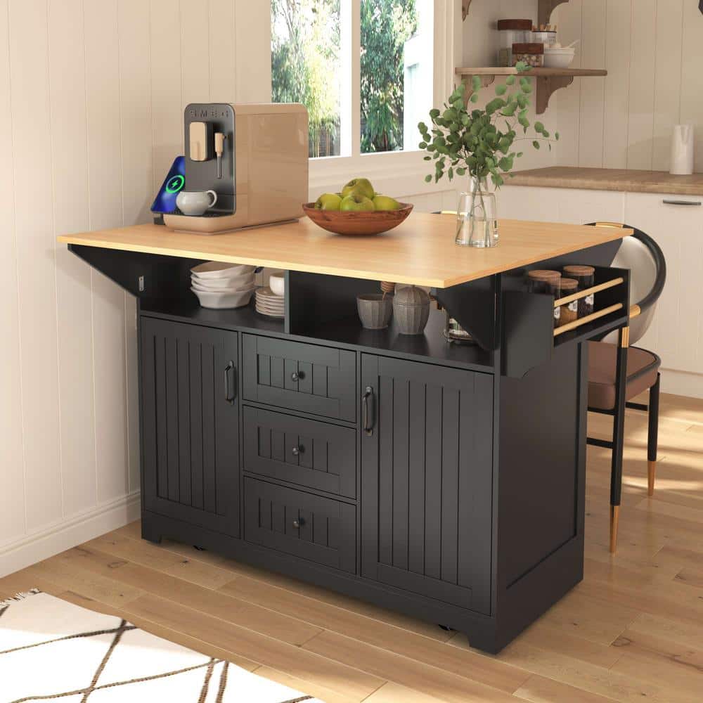 Polibi Black Wood 55.7 in. Rolling Kitchen Island 2 Drop Leaf, Power Outlet, Folding Function ...