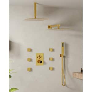 Luxury 15-Spray Wall and Ceiling Mount Triple Fixed and Handheld Dual Shower Head  with 6-Jets in Brushed Gold