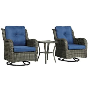 Wicker Rattan Taupe Patio Outdoor Rocking Chair Swivel with Royal Blue Cushions and Side Table (Set of 2)