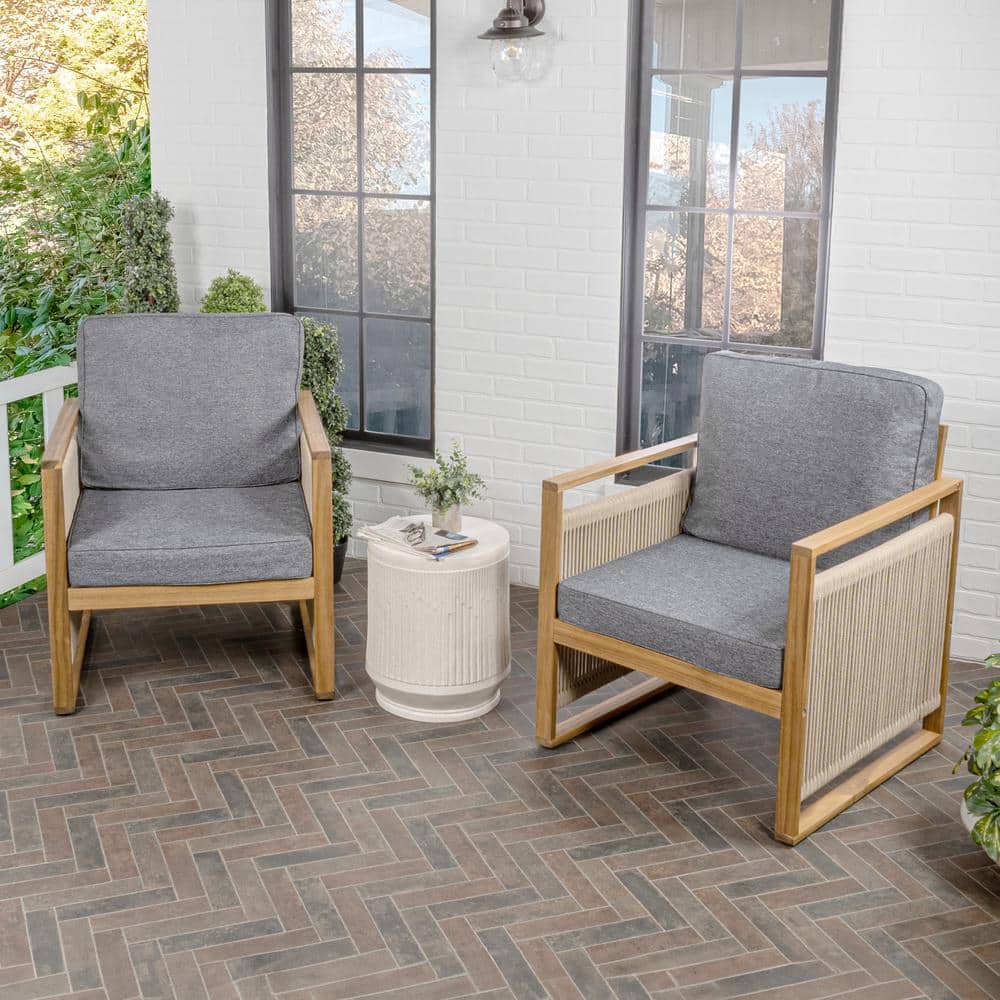 Teak Brown Mid-Century Modern Roped Wood Patio Chairs with Cushions