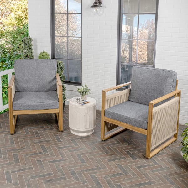 JONATHAN Y Gable Mid-Century Modern Roped Acacia Wood Outdoor Patio Chair with Cushions Gray/Teak Brown with Cushions (Set of 2)