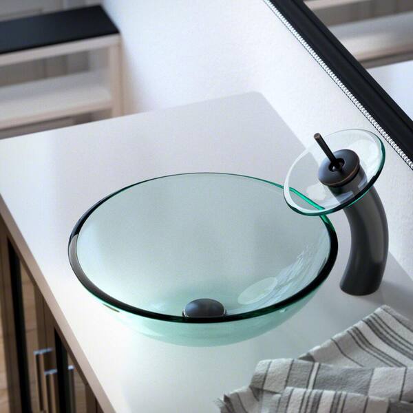 MR Direct Glass Vessel Sink in Crystal with Waterfall Faucet and Pop-Up Drain in Antique Bronze