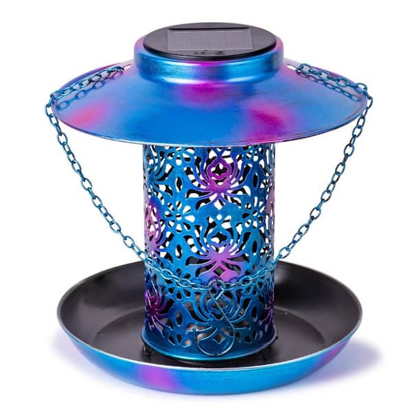 Oyezvary Blue Metal Weatherproof/Water Resistant Outdoor Solar Bird Feeder with Lights and S Hook