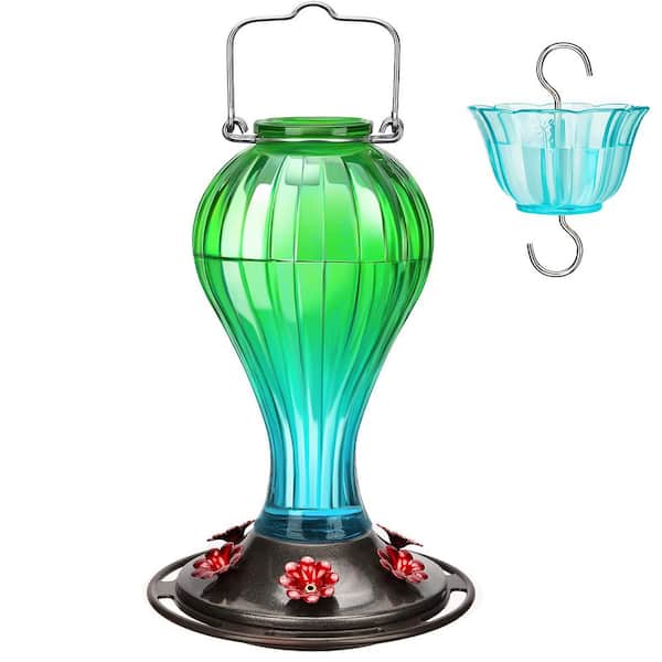 Phewnyzo High Quality Blue and Green Glass Hanging Humming Bird Nectar Feeder-24 oz. with Ant Moat (1-Pack)