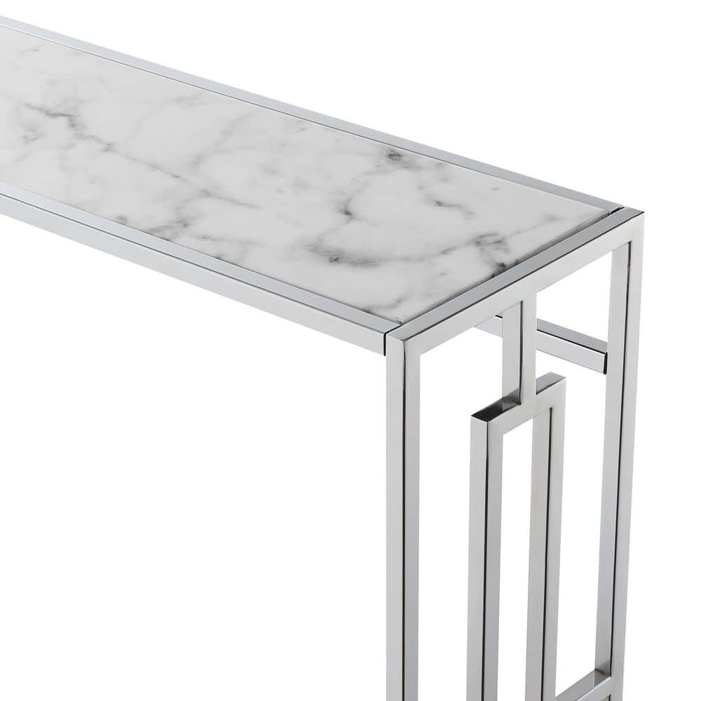 42" White Faux Marble and Chrome Console Table with Clear Glass Shelf
