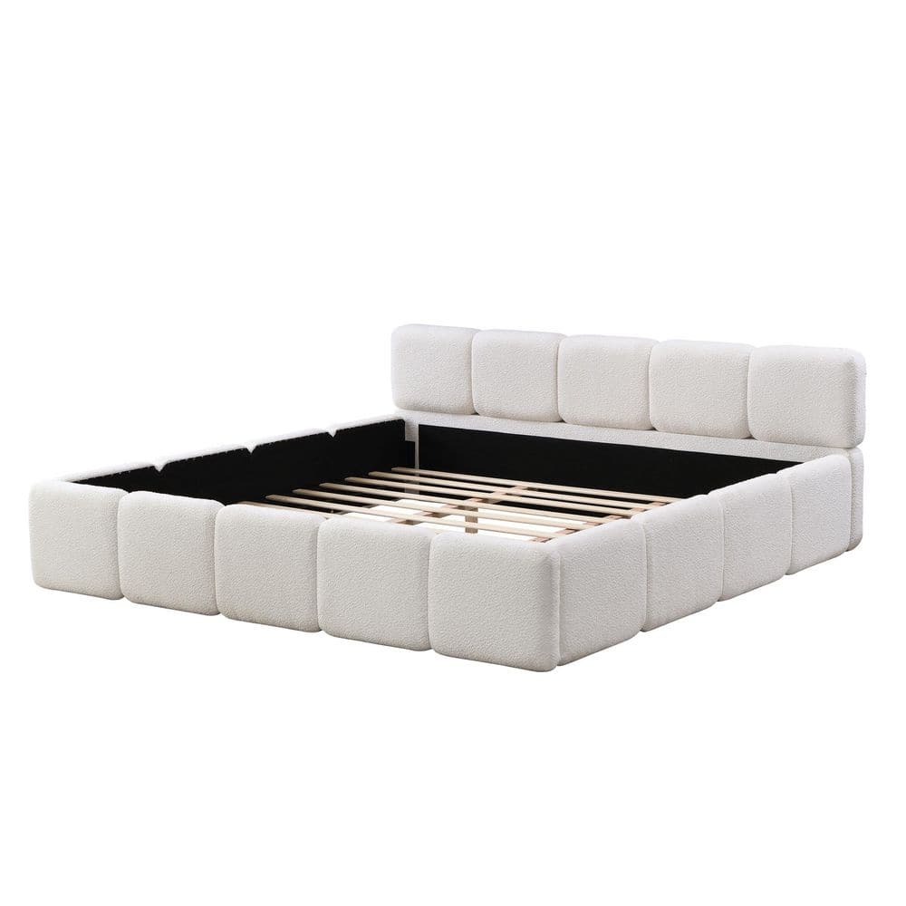 Cassius White Boucle Upholstered Wood Frame Queen Size Platform Bed with Headboard - thumbnail 4
