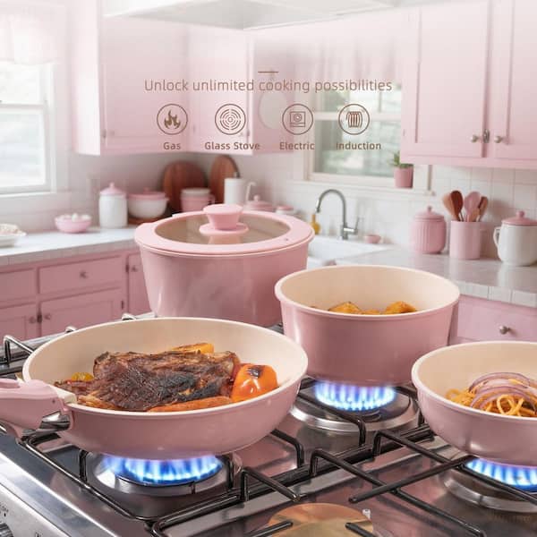 Numhew 21-Pieces Pink Ceramic Pots and Pans Non Stick Cookware Set