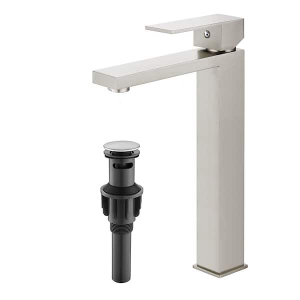 Single Handle Single Hole Tall Bathroom Sink Faucet with Drain in Brushed Nickel