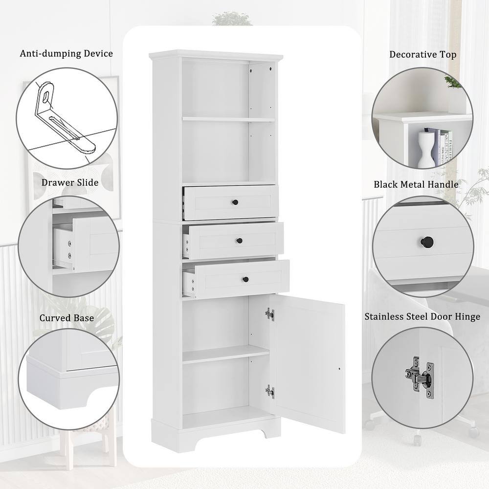 White Tall Bathroom Storage Cabinet with Adjustable Shelves and Drawers
