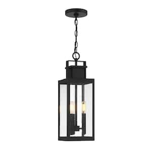 Ascott 20 in. 3-Light Matte Black Outdoor Pendant Light with Clear Seeded Glass and No Bulbs Included