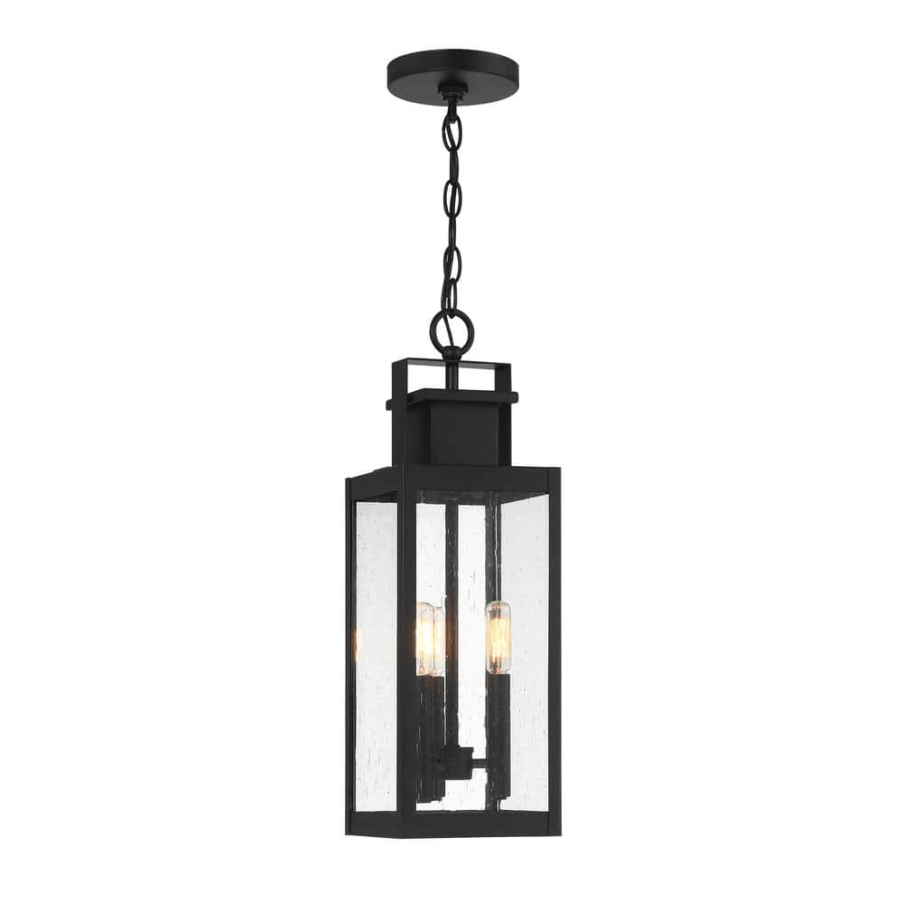 Matte Black 3-Light Outdoor Hanging Lantern with Clear Seeded Glass