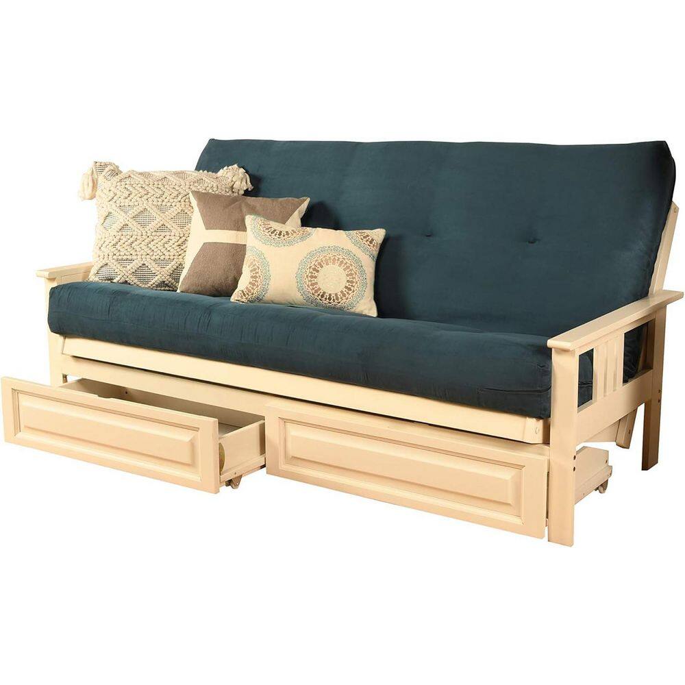 79 in. Antique White/Suede Navy Polyester Upholstered Full Size Futon Set with Mattress and Storage Drawers