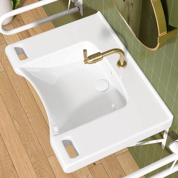 29.5 in. ADA Compliant Ceramic Sink Wall-Hung Accessible Sink for Wheelchair with White Drain & Overflow & Handles