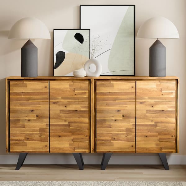 Lowry Solid Acacia 42 in. Storage Cabinet in Distressed Golden Wheat (Set of 2)