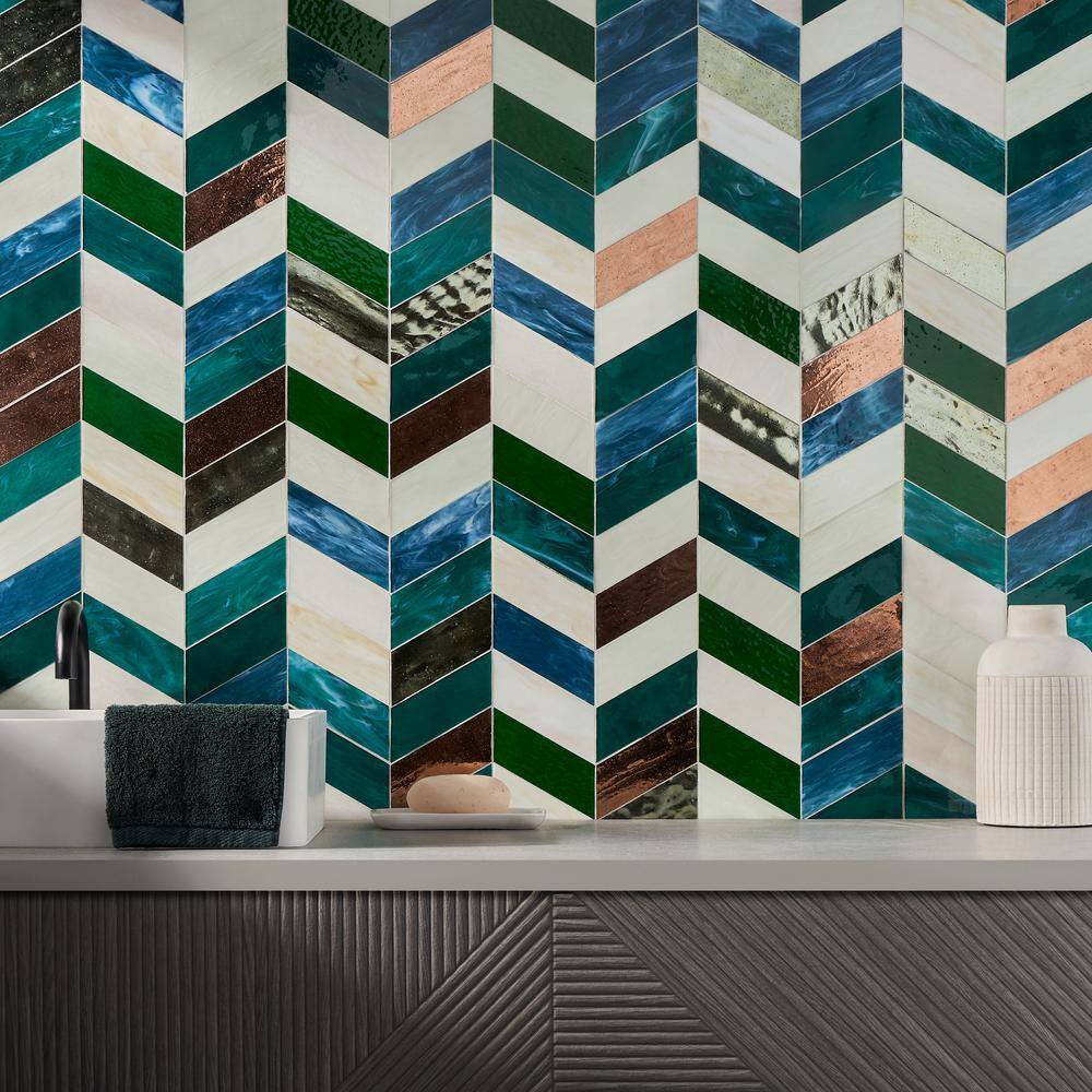 Elizabeth Sutton Green Chevron Glass Mosaic Tile