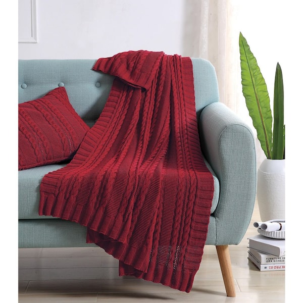 Dublin Red Cable Knit Cotton Throw Blanket, 50 in. x 70 in.