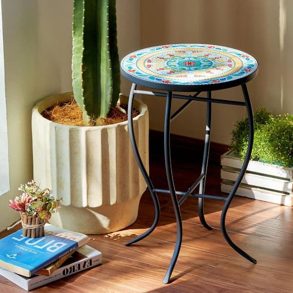 Unbranded Round Metal Outdoor Accent Table, Outdoor Patio Furniture, End Table for Garden Patio Living Room More, Floral