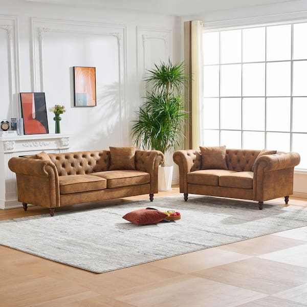 Seeds 2-Piece 83.25 in. Rolled Arm Fabric Rectangle 3+2 Seater Sofa in. Brown with Nailhead Trim, Pillows