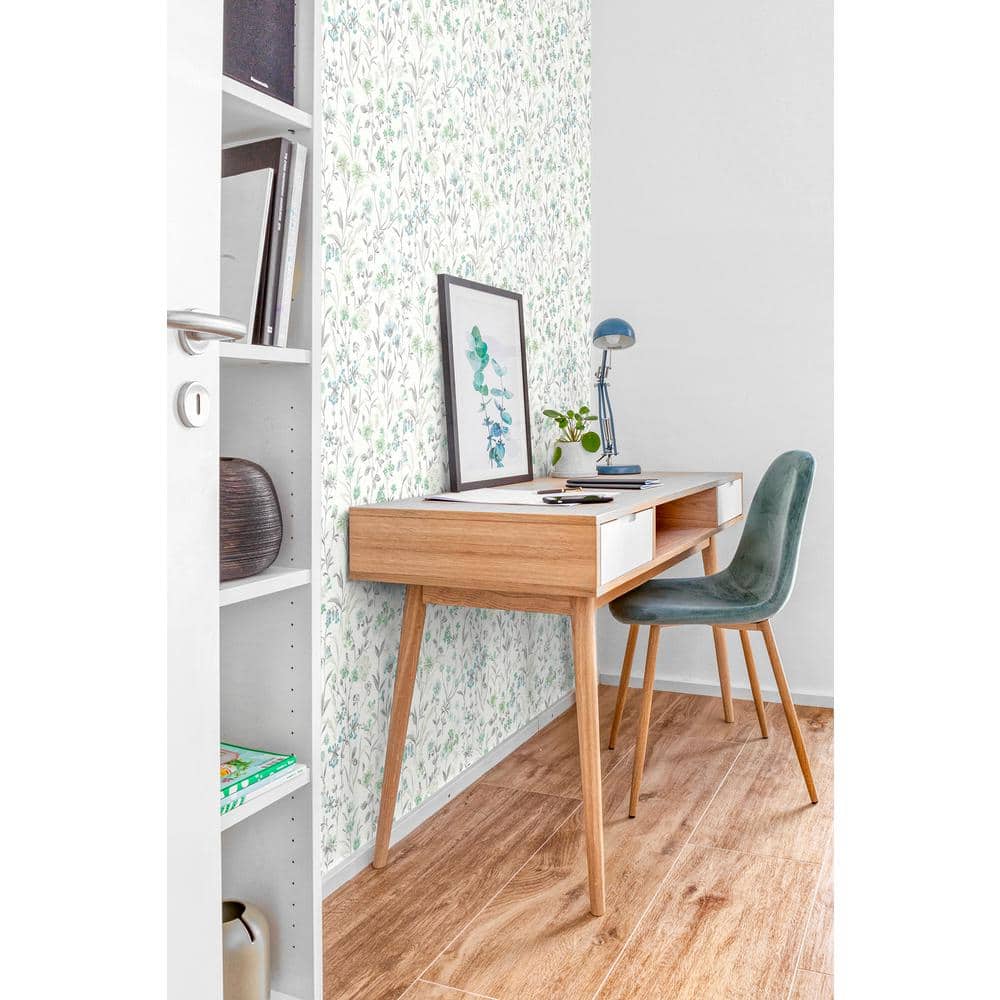 Dew Drop and Spring Green Vinyl Floral Peel and Stick Wallpaper Roll
