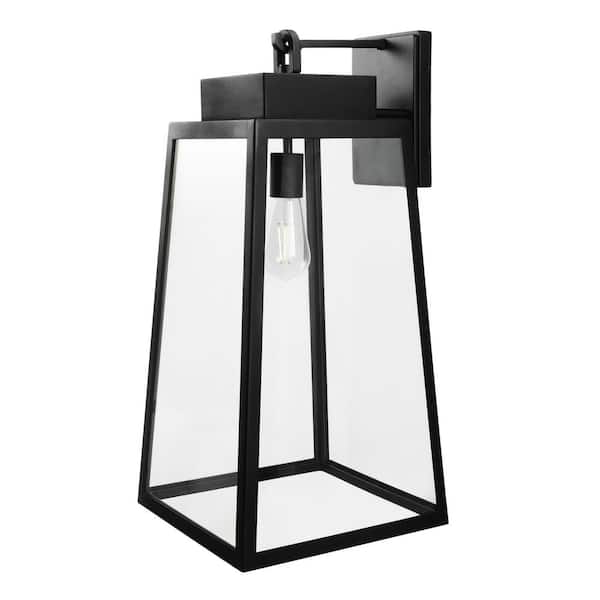 Hampton Bay Corbin Extra Large 25 in. Modern 1-Light Black Hardwired Tapered Outdoor Wall Lantern Sconce Light with Clear Glass