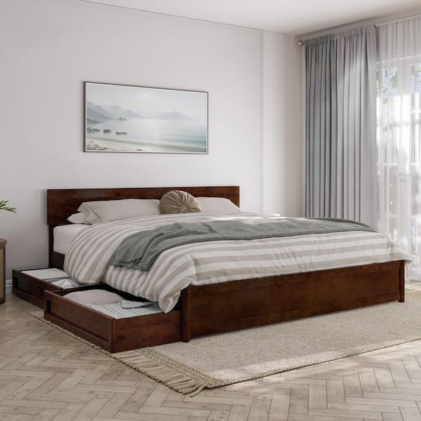 AFI Wesley Walnut Brown Solid Wood Frame King Platform Bed with Panel Footboard and Storage Drawers